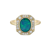 10K Yellow Gold Bezel-set Australian Opal doublet ring with Diamond Halo
