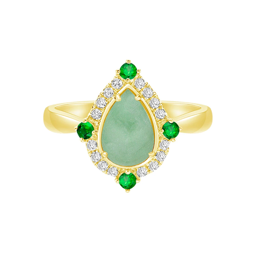 10K Yellow Gold Prong-set Jadeite Ring with Emeralds & Diamonds
