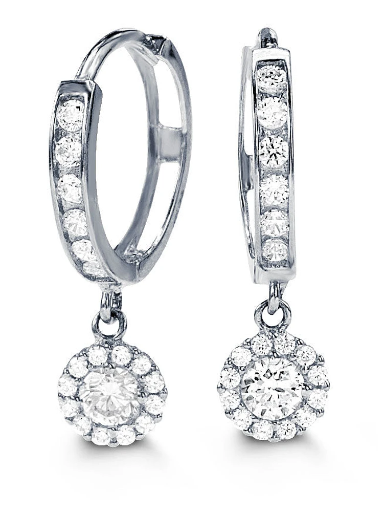 Tracking - 10K White Gold Huggie Dangling Earrings with Cubic Zirconia  - 10mm