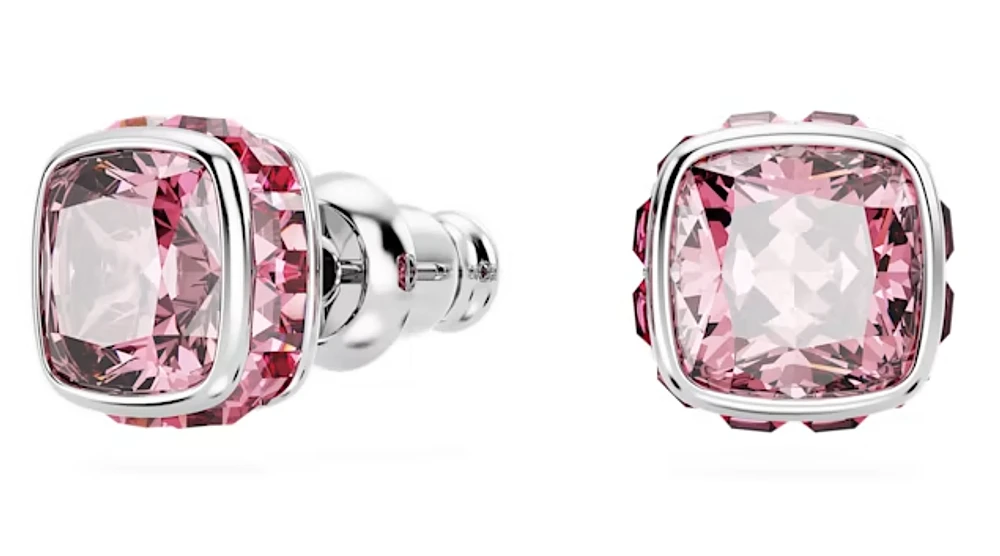 Swarovski Birthstone stud earrings, Square cut, June, Pink, Rhodium plated - 5660799