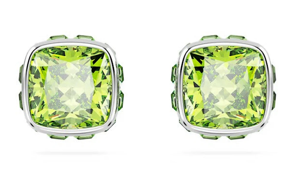 Swarovski Birthstone stud earrings, Square cut, August, Green, Rhodium plated - 5661958