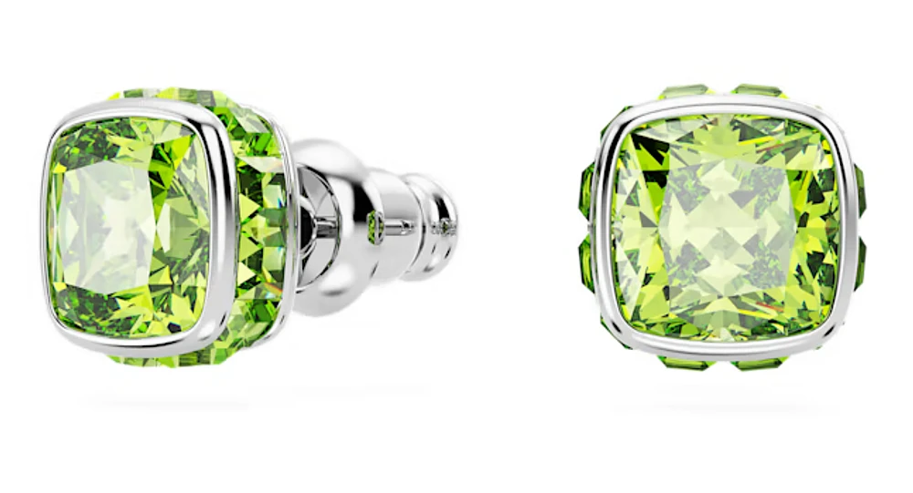Swarovski Birthstone stud earrings, Square cut, August, Green, Rhodium plated - 5661958