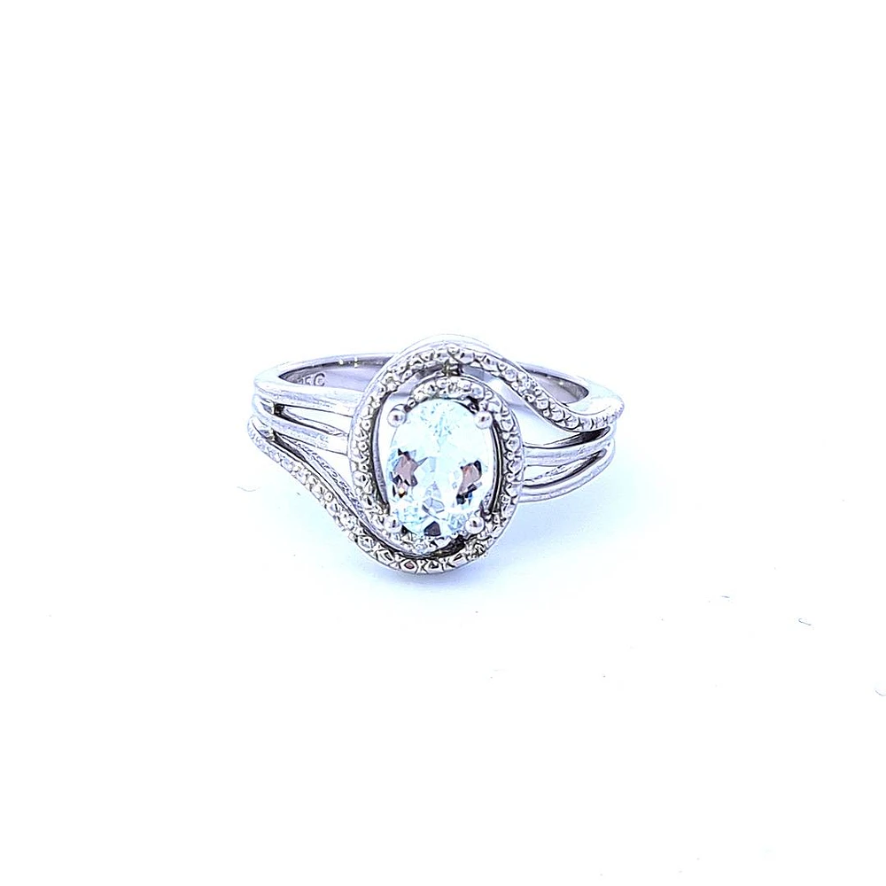925 Sterling Silver Aquamarine & Diamond Ring - 4.5