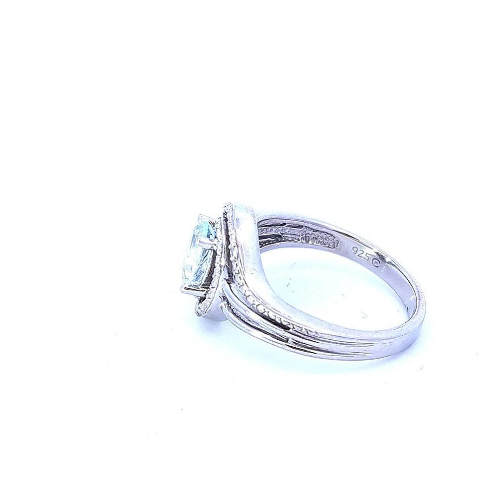 925 Sterling Silver Aquamarine & Diamond Ring - 4.5