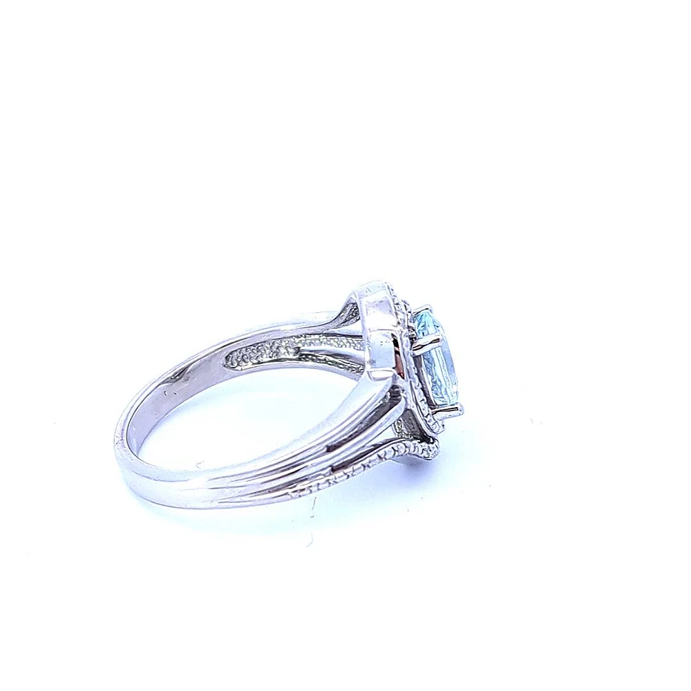 925 Sterling Silver Aquamarine & Diamond Ring - 4.5