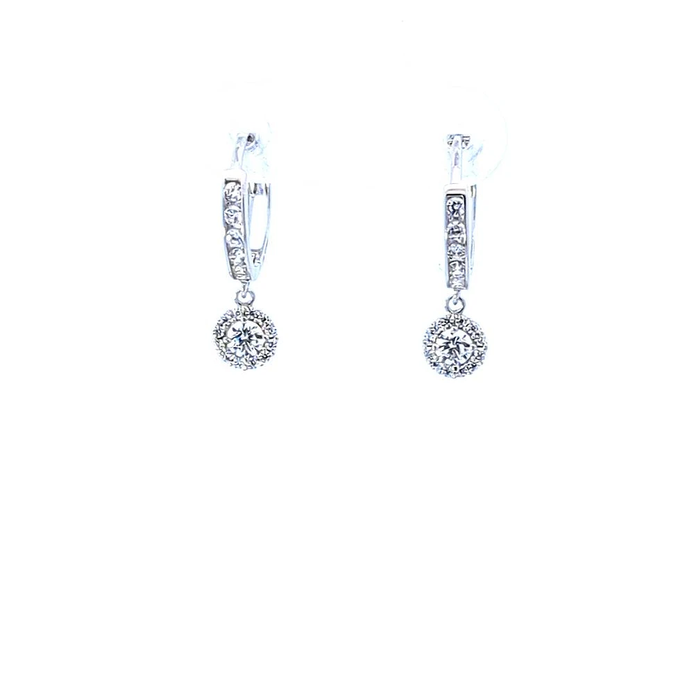 10K White Gold Huggie Dangling Earrings with Cubic Zirconia  - 10mm