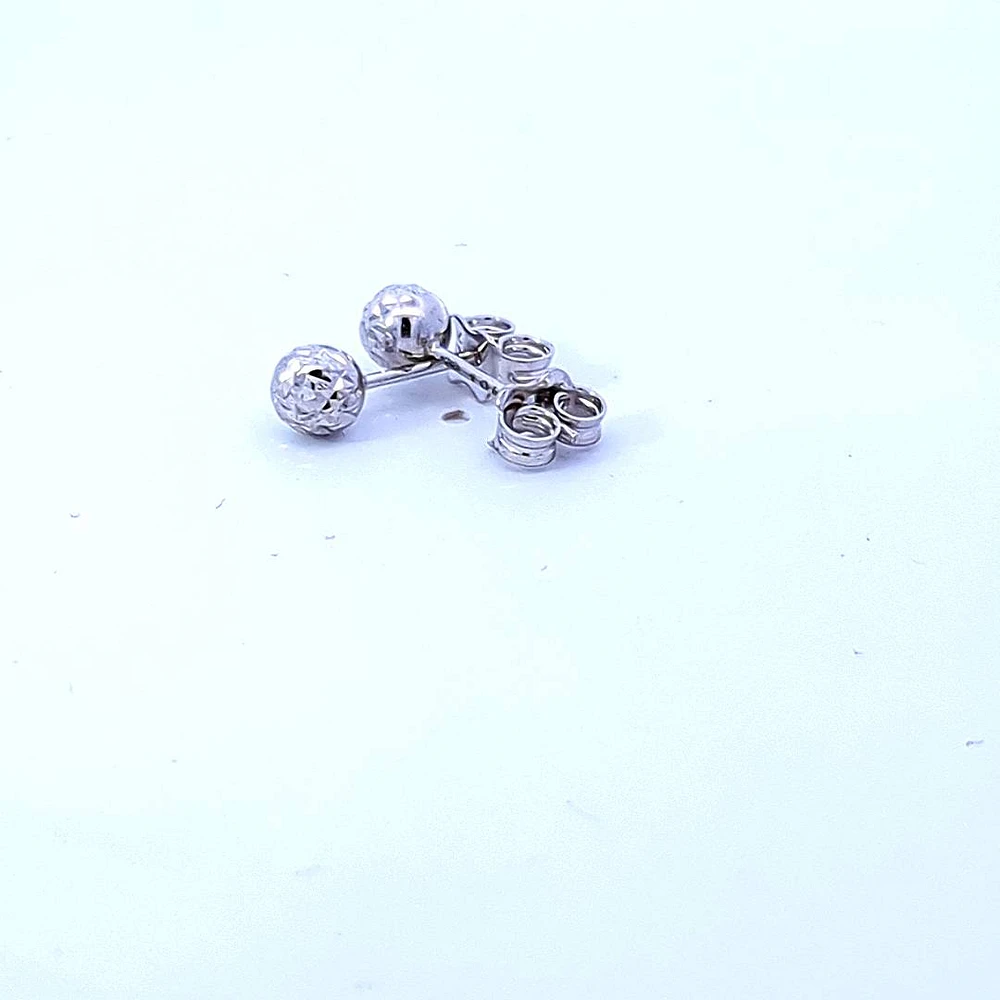 10K White Gold Diamond Cut Ball Earrings 5mm