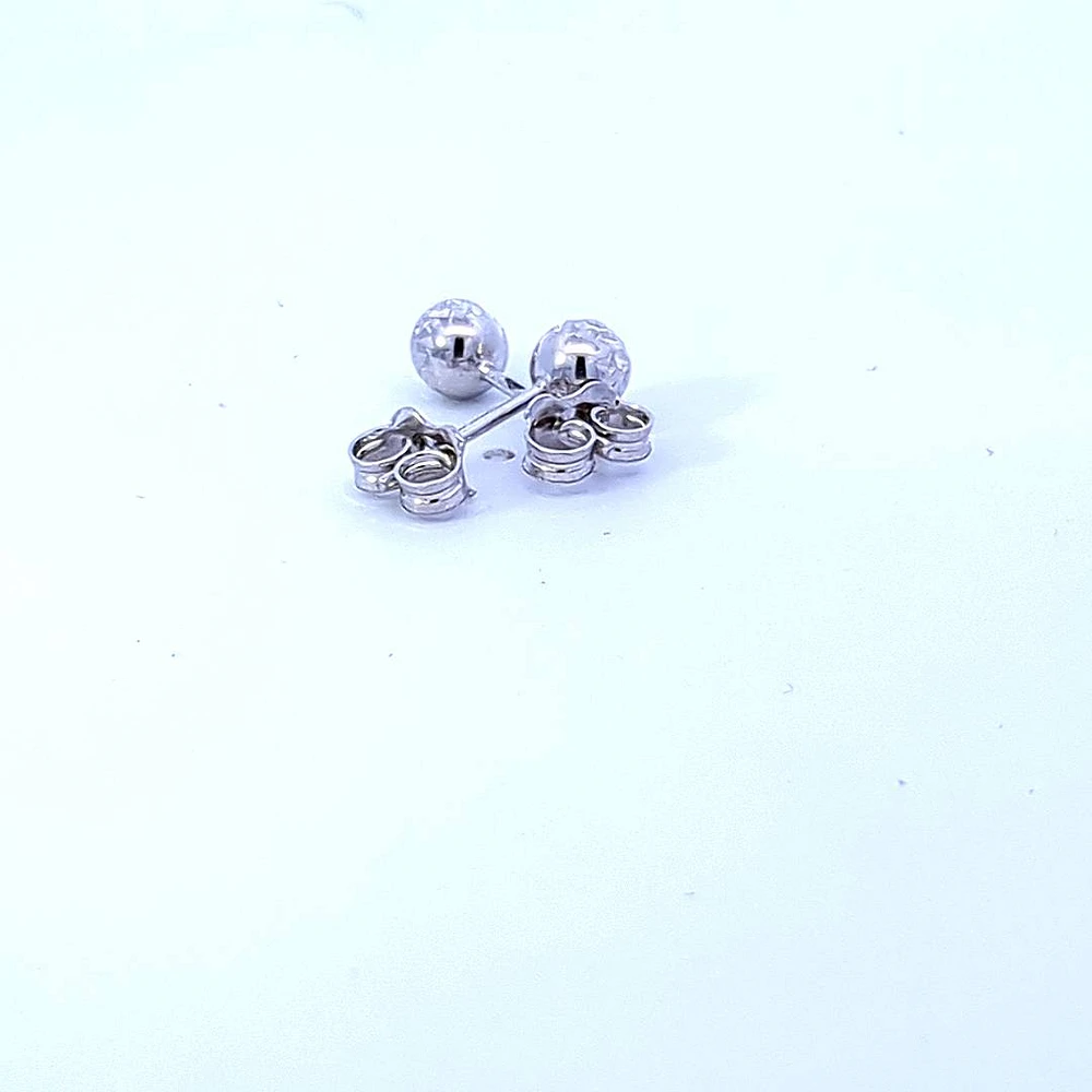 10K White Gold Diamond Cut Ball Earrings 5mm