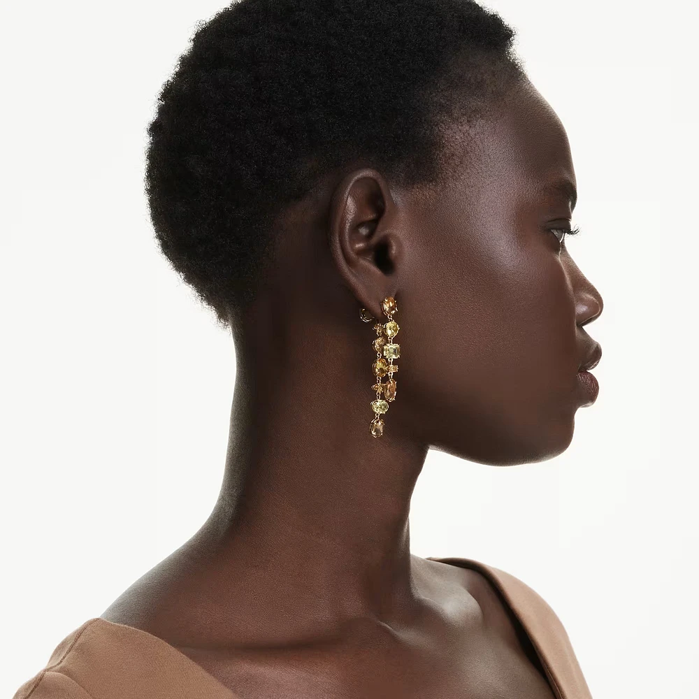 Swarovski Gema drop earrings, Asymmetrical design, Mixed cuts, Long, Yellow, Gold-tone plated 5718073