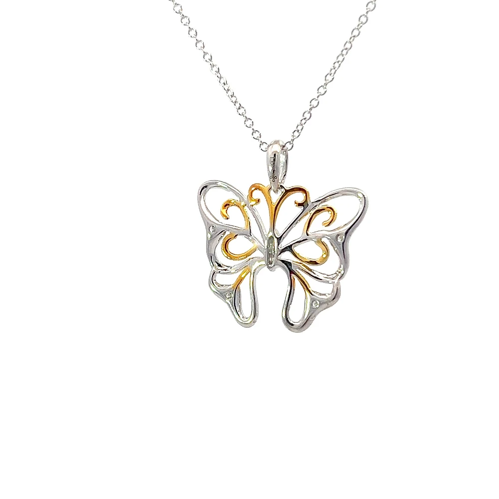 10K 2 Tone Gold 0.02cttw Diamond Butterfly Pendant, 18"