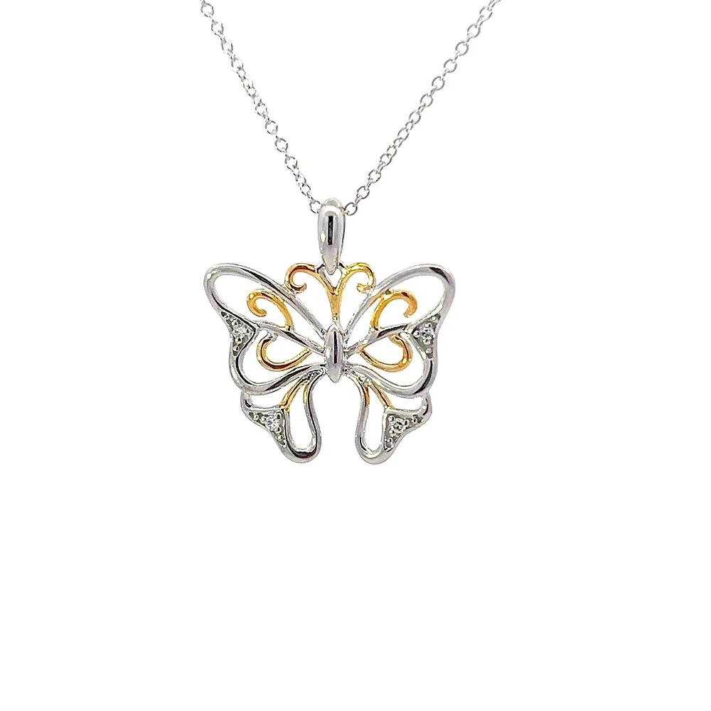 10K 2 Tone Gold 0.02cttw Diamond Butterfly Pendant, 18"