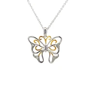 10K 2 Tone Gold 0.02cttw Diamond Butterfly Pendant, 18"