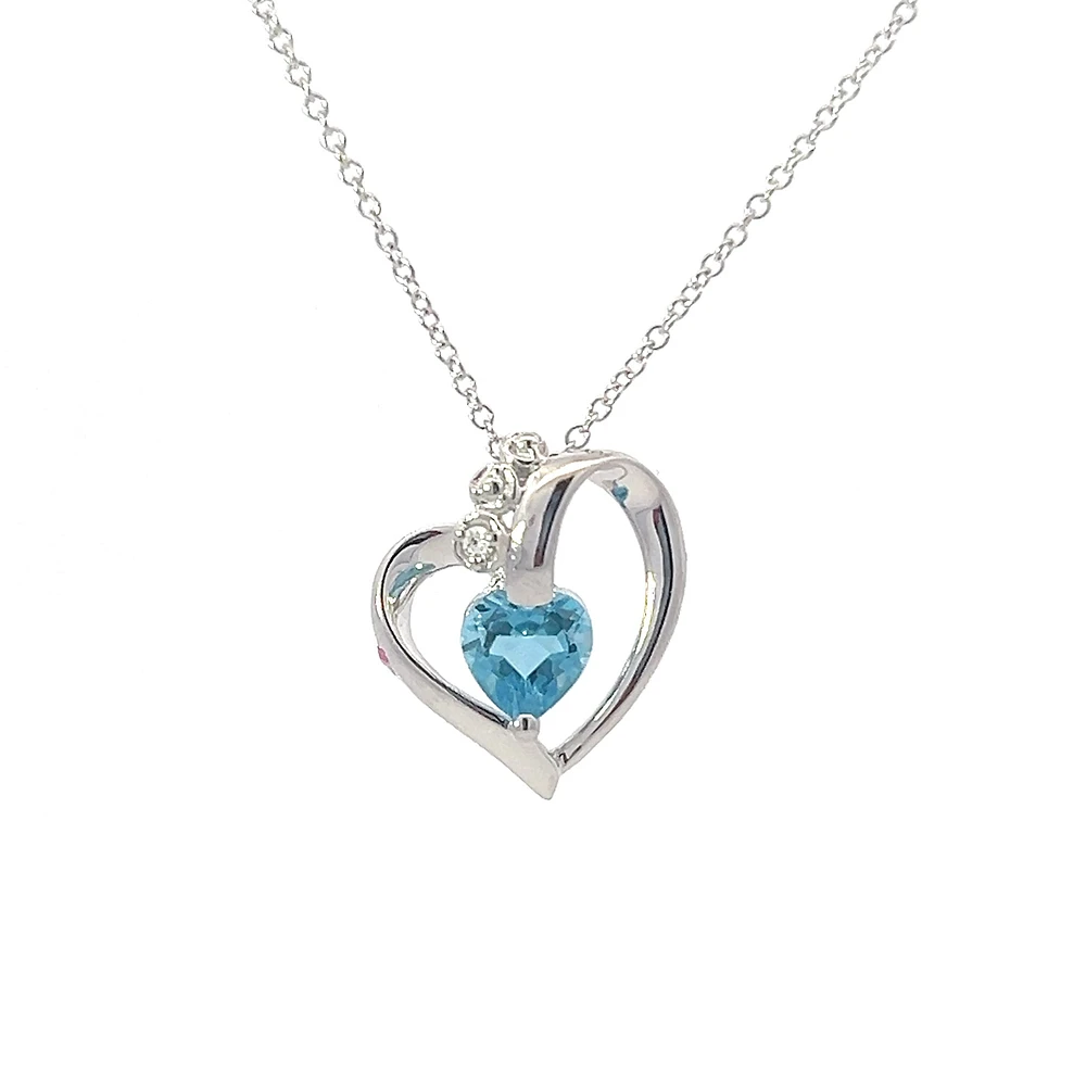 10K White Gold Blue Topaz and 0.005cttw Diamond Heart Necklace - 18 Inches