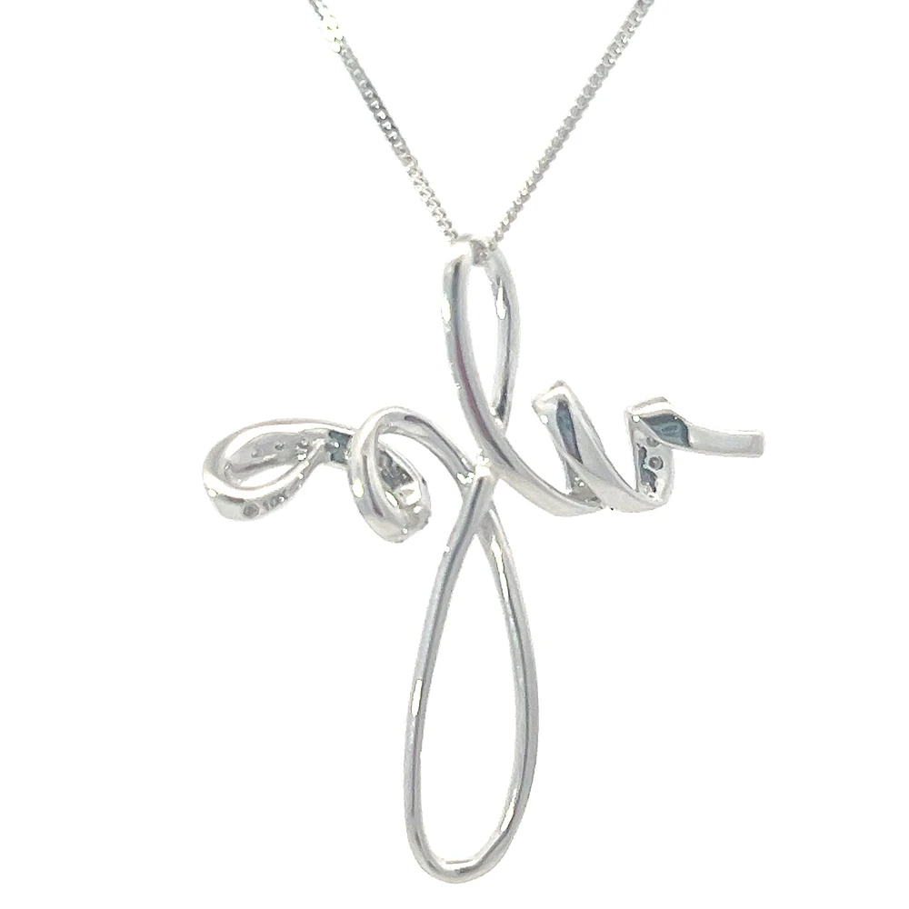 10K White Gold 0.06 cttw Diamond Cross Pendant, 18"
