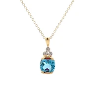 10K Yellow Gold Swiss Blue Topaz and Diamond Pendant, 18"