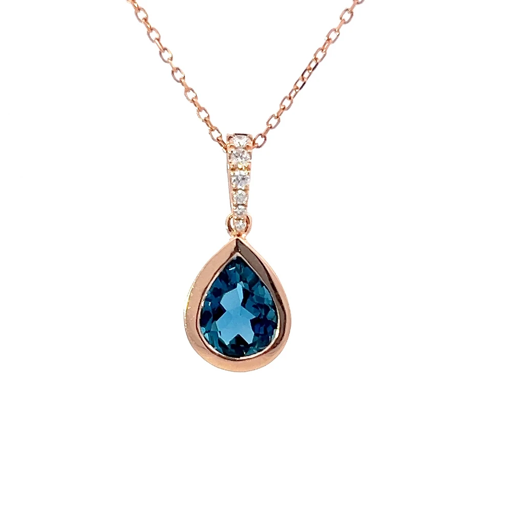 14K Rose Gold Blue Topaz & Diamond Pendant, 18"