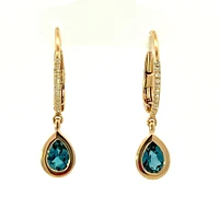 14K Rose Gold Blue Topaz and Diamond Dangle Earrings