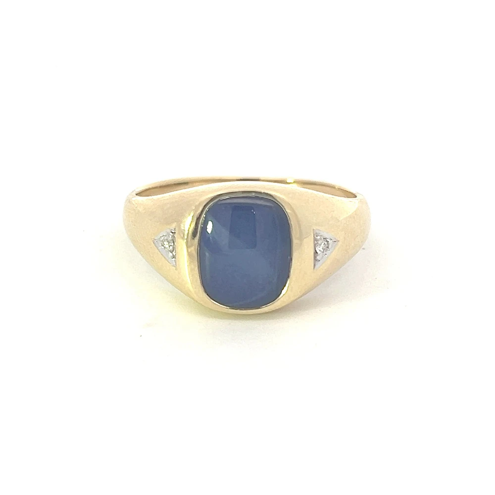 10K Yellow Gold Synthetic Star Sapphire and Diamond Gents Ring, size 10