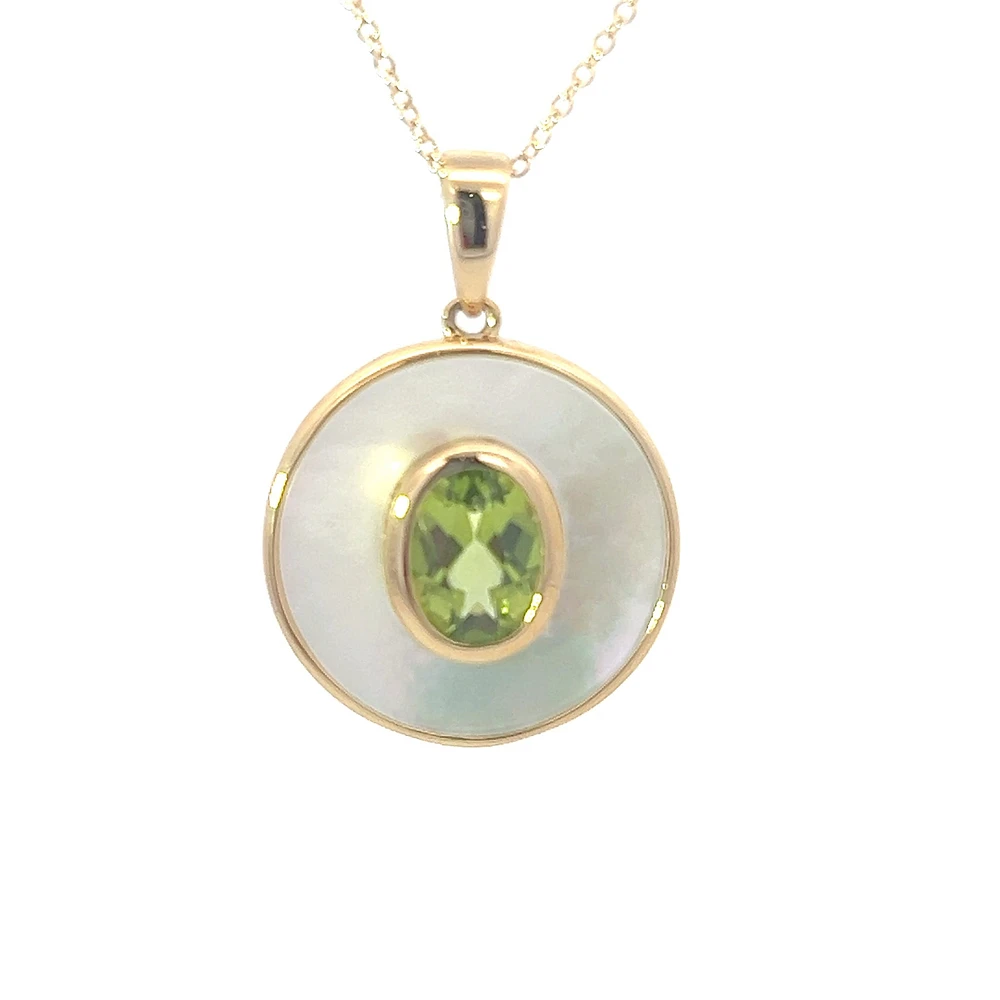 10K Yellow Gold Peridot and Mother of Pearl Pendant - 18 inches