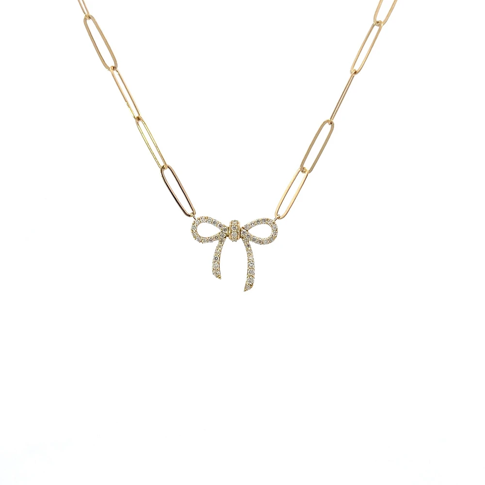 14K Yellow Gold 0.24cttw Diamond Bow Necklace, 18"