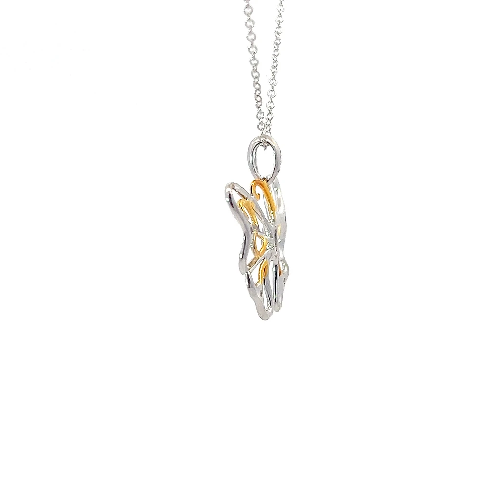 10K 2 Tone Gold 0.02cttw Diamond Butterfly Pendant, 18"