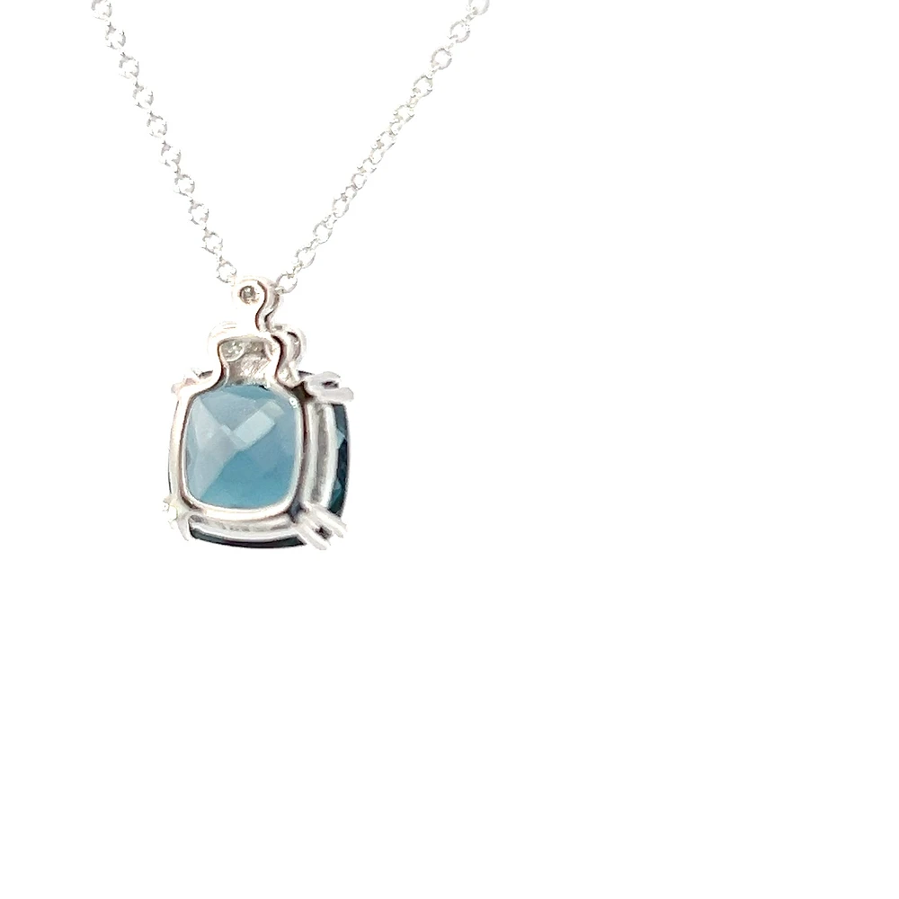 10K White Gold 8mm Checkerboard Cut Cushion London Blue Topaz and 0.03cttw Diamond Necklace - 18 Inches