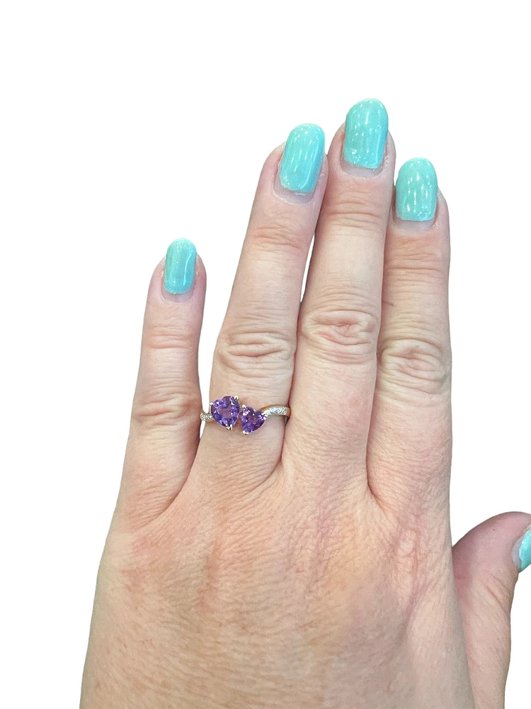 10K Yellow Gold Amethyst & Diamond Double Heart Ring, size 7