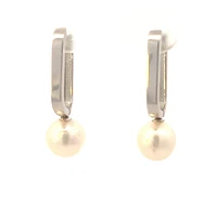 10K White Gold Cultured Pearl Drop / Dangle Huggie Earrings