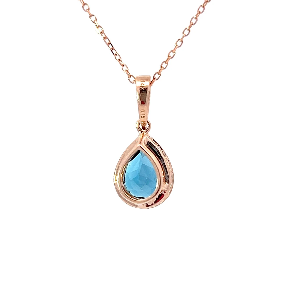 14K Rose Gold Blue Topaz & Diamond Pendant, 18"