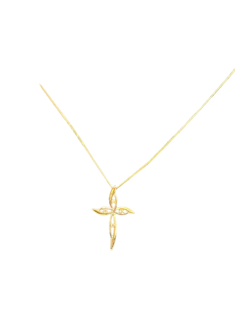 10K White and Yellow Gold 0.08 cttw Diamond Cross Pendant, 18"