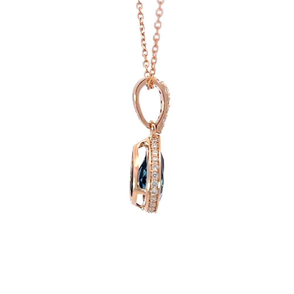 14K Rose Gold Blue Topaz & Diamond Pendant, 18"