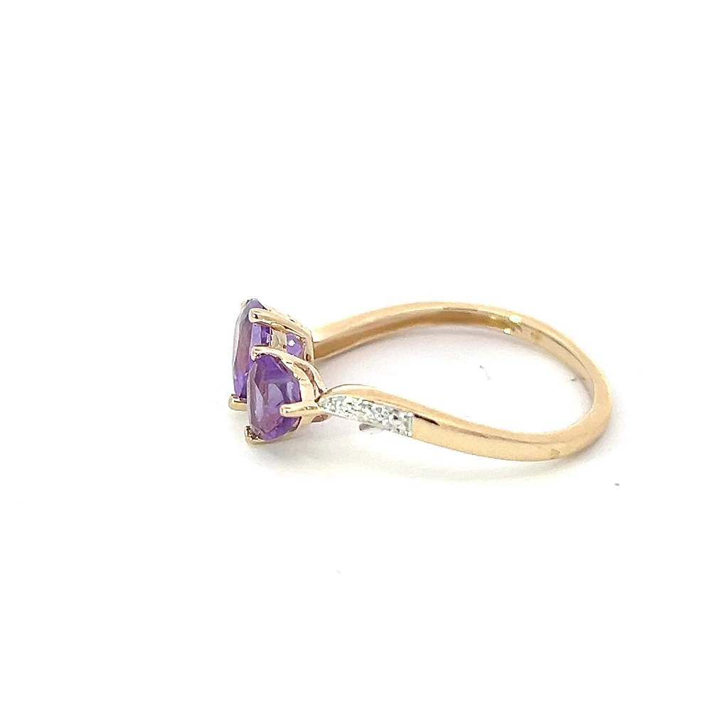 10K Yellow Gold Amethyst & Diamond Double Heart Ring, size 7