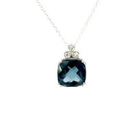 10K White Gold 8mm Checkerboard Cut Cushion London Blue Topaz and 0.03cttw Diamond Necklace - 18 Inches