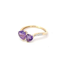 10K Yellow Gold Amethyst & Diamond Double Heart Ring, size 7