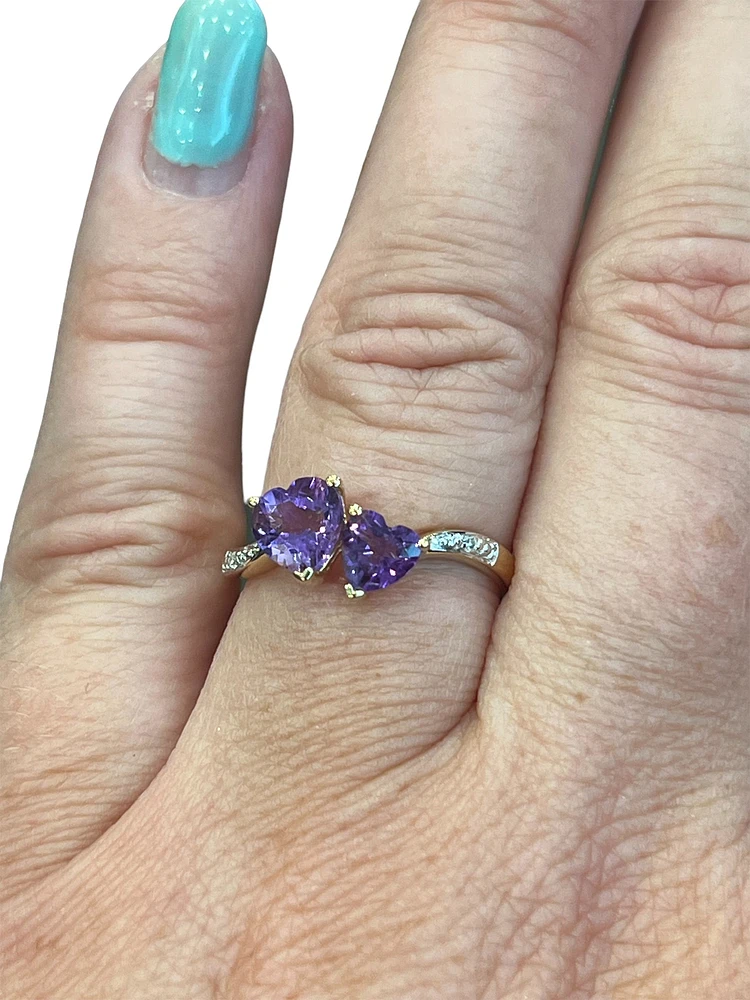 10K Yellow Gold Amethyst & Diamond Double Heart Ring, size 7