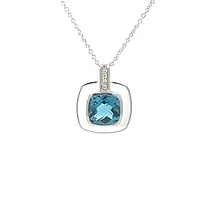 10K White Gold London Blue Topaz, Diamond and White Enamel Necklace - 18 Inches