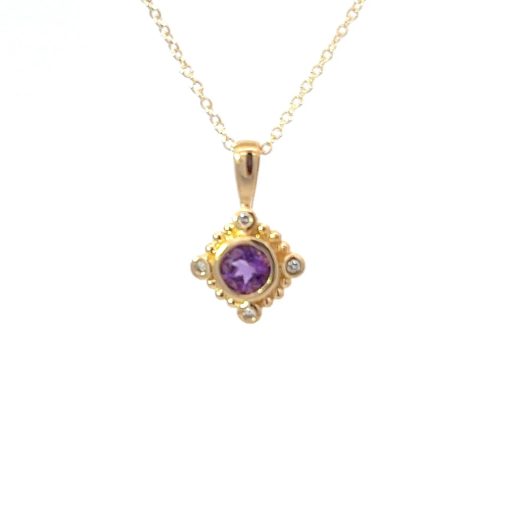 10K Yellow Gold Amethyst and Diamond Pendant - 18 inches