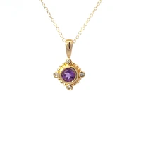 10K Yellow Gold Amethyst and Diamond Pendant - 18 inches
