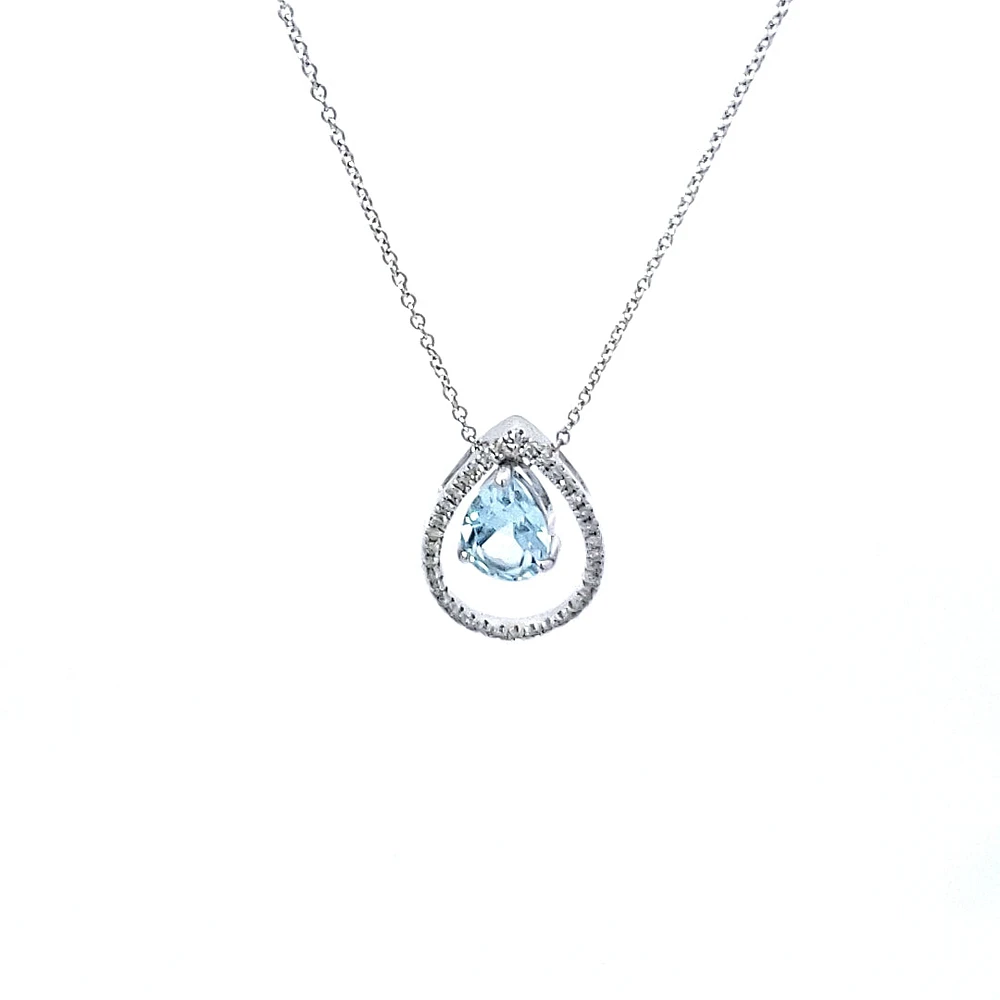 14K White Gold Aquamarine and Diamond Pendant, 18"