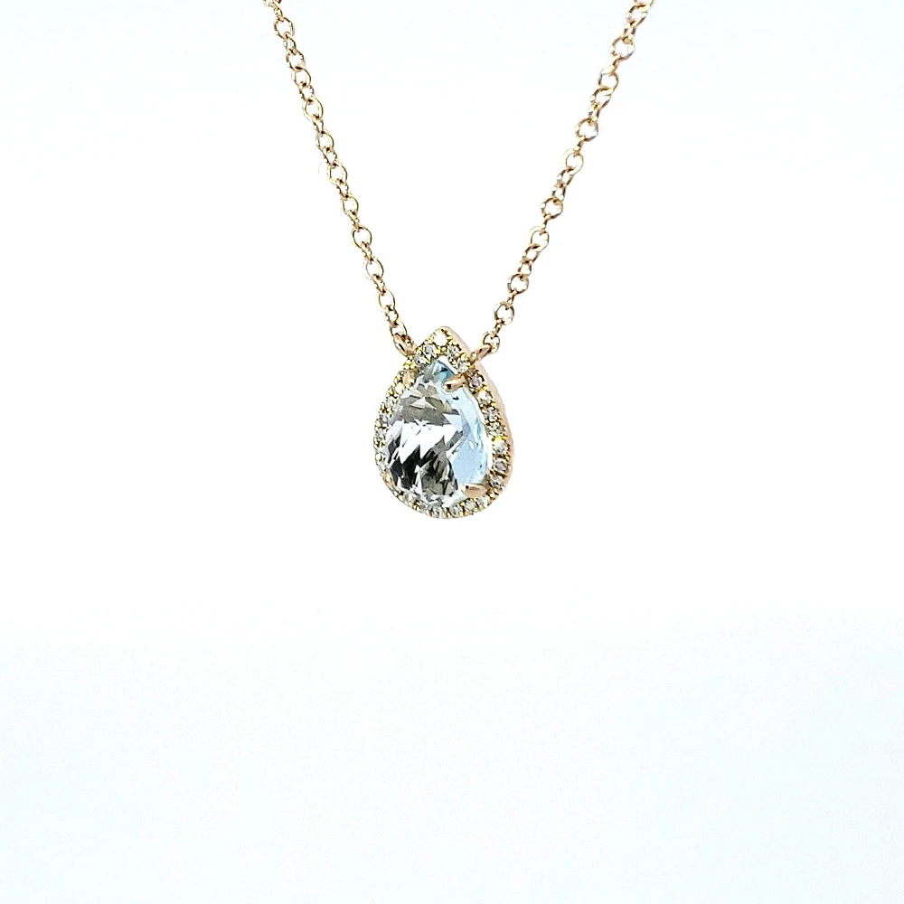 14K Yellow Gold Aquamarine and 0.06cttw Diamond Pendant - 18"