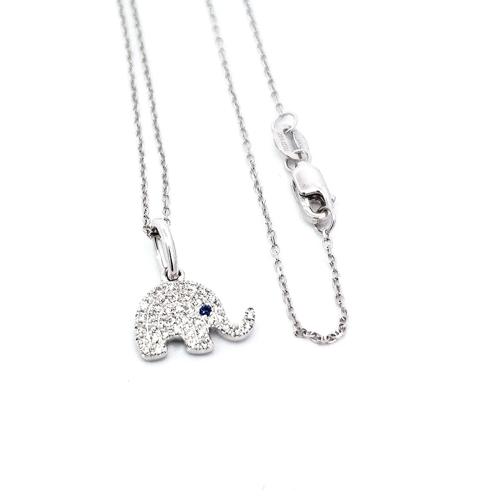 14K White Gold Sapphire and Diamond Elephant Necklace, 18"