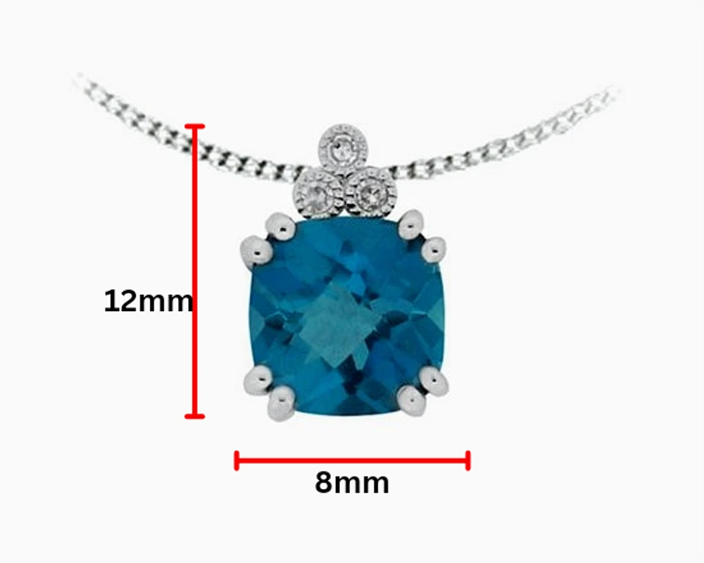 10K White Gold 8mm Checkerboard Cut Cushion London Blue Topaz and 0.03cttw Diamond Necklace - 18 Inches
