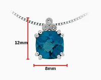 10K White Gold 8mm Checkerboard Cut Cushion London Blue Topaz and 0.03cttw Diamond Necklace - 18 Inches
