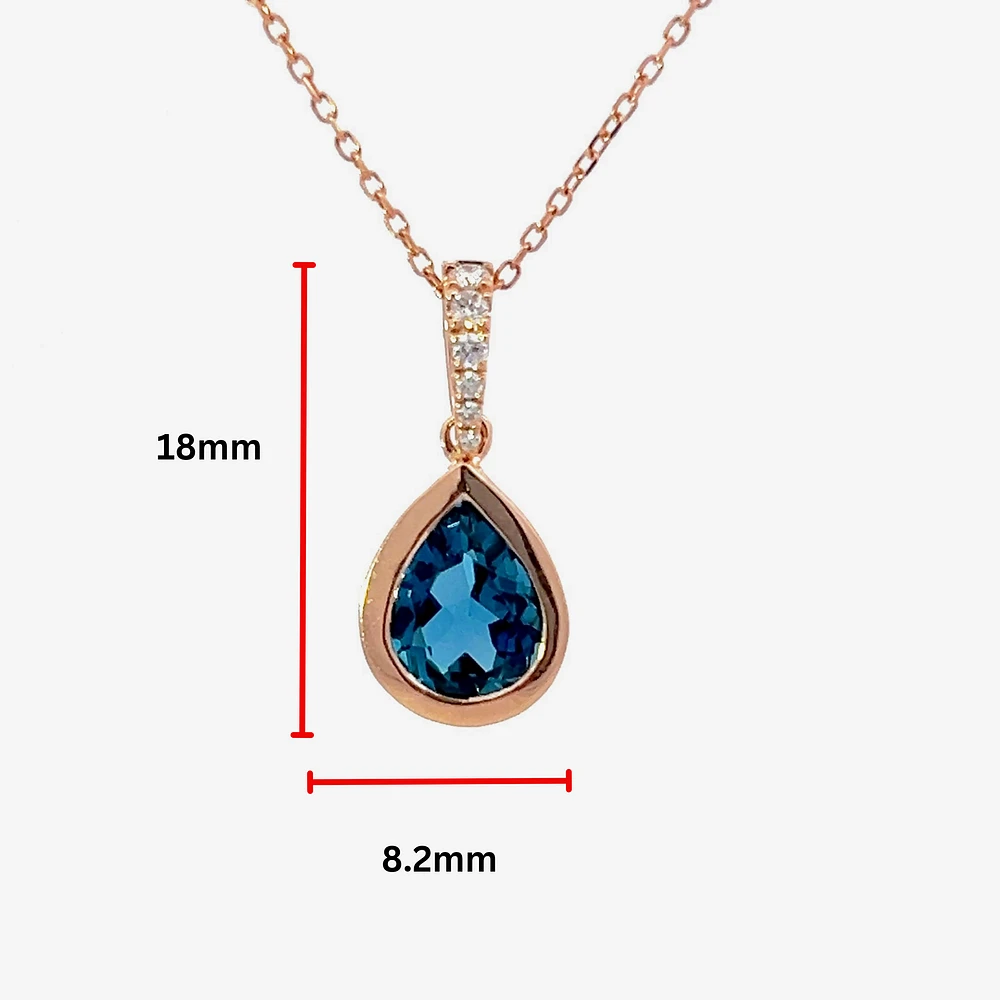 14K Rose Gold Blue Topaz & Diamond Pendant, 18"