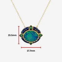 10K Yellow Gold Australian Opal Doublet with Emerald and Sapphire Halo Necklace - 18 Inches
