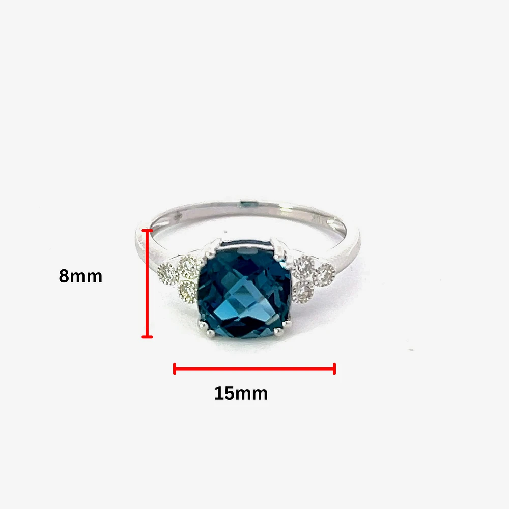 10K White Gold 8mm Cushion Cut London Blue Topaz and 0.06cttw Diamond Ring - Size 7