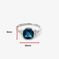 10K White Gold 8mm Cushion Cut London Blue Topaz and 0.06cttw Diamond Ring - Size 7