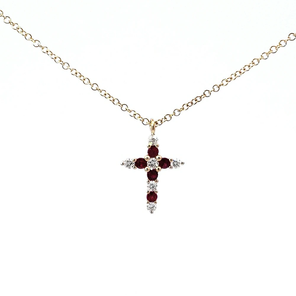 14K Yellow Gold 0.15cttw Ruby and 0.13cttw Diamond Cross Pendant - 18 inches