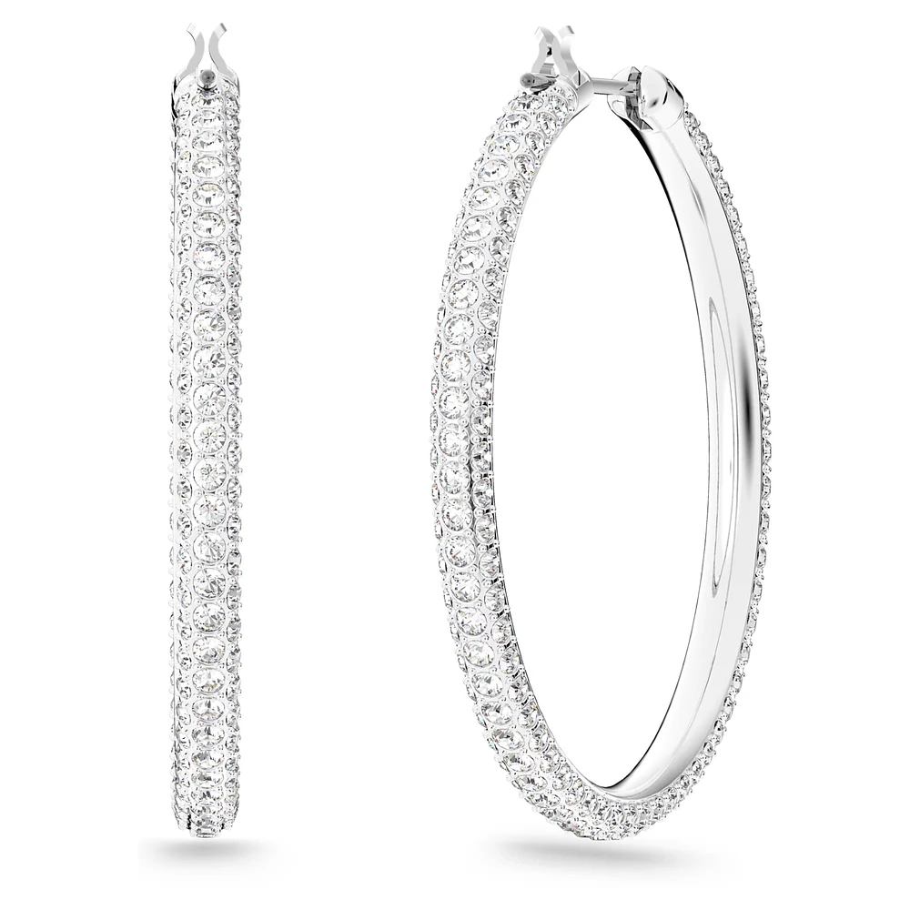 Dextera - Stone hoop earrings, Pavé, Large, White, Rhodium plated - 5389432