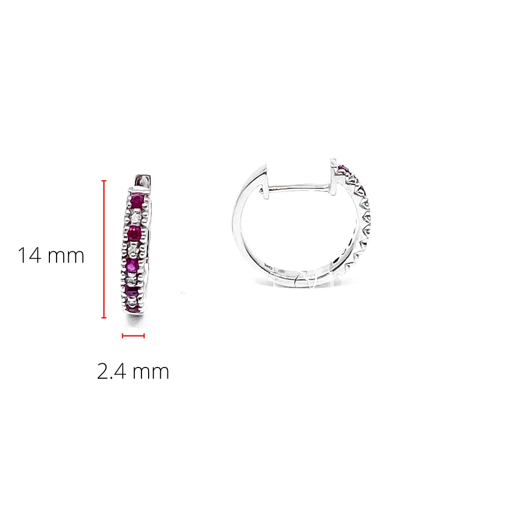 10K White Gold 0.20cttw Genuine Ruby and 0.04cttw Diamond Hoop Huggie Hinged Earrings